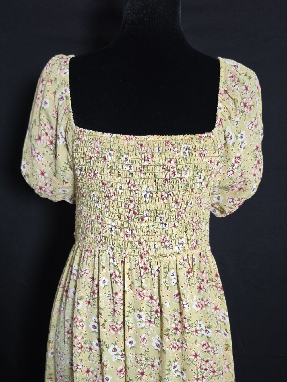 Yellow Floral Smocked Maxi Dress with Puff Sleeves - Picture 6 of 9